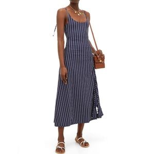 SOLID & STRIPED Bead-Embellished Ruched Blue Striped Stretch-Jersey Midi Dress